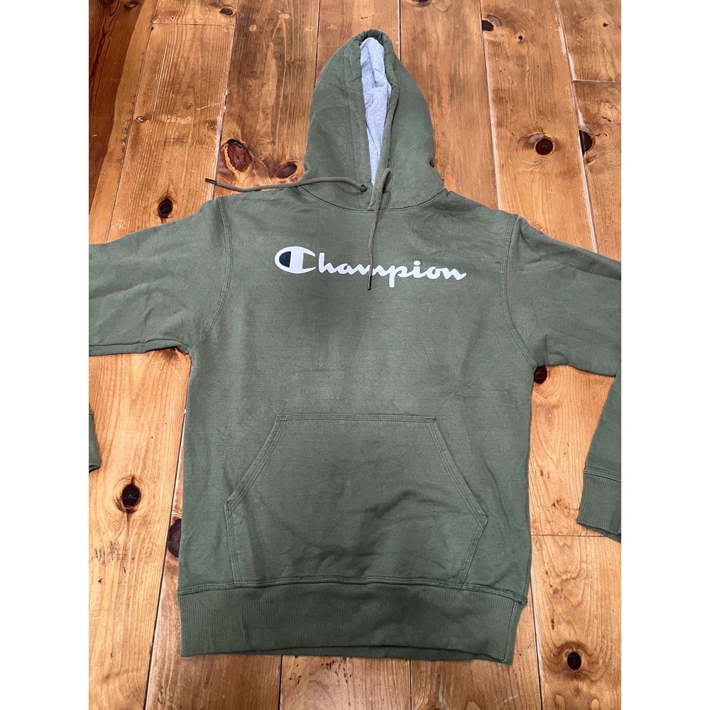 Champion Mens Powerblend Hoodie Olive Green Script Logo Sweatshirt Medium